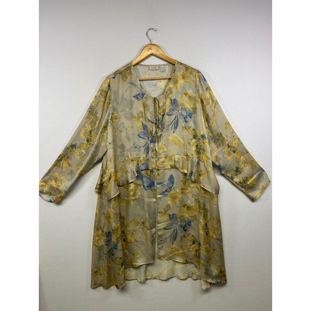 Boho‎ LOGO Lori Goldstein Women 1X Yellow Floral Sheer Ruffle Tie Front Duster